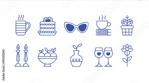 A set of minimalist line art illustrations depicts daily life icons including a mug, cake, sunglasses, coffee, plant, candles, fruit bowl, vase, wine glasses, and a flower.