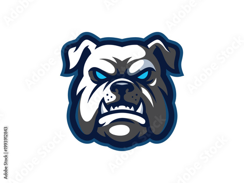 Strong Bulldog Mascot Head Design with Blue Eyes and Fierce Expression Vector Art