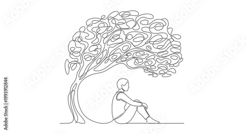 Continuous line drawing of a person sitting under a tree, symbolizing thought and nature.