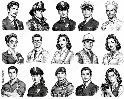 Collage of diverse professionals depicting various significant occupations black and white