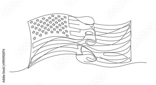 Continuous Line Drawing of American Flag Waving