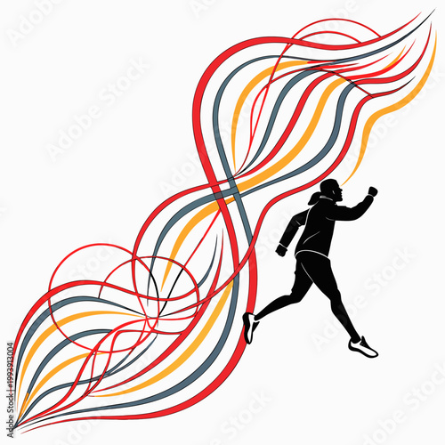 Silhouette of a person running with abstract flowing colorful wave lines
