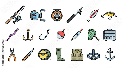 Comprehensive collection of fishing equipment and accessories in a clean isolated set