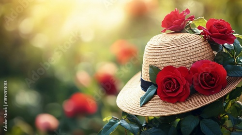 Red roses on a hat, background is a rose garden.