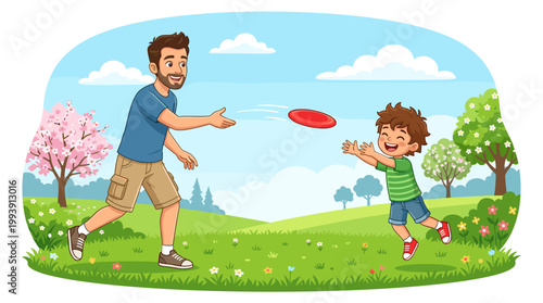 Father and Son Play Frisbee in a Sunny Park with Green Grass and Blooming Trees