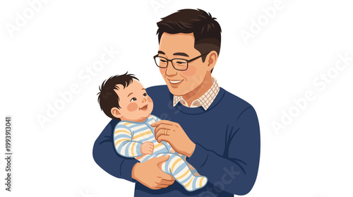 Joyful father holding infant baby family love bonding moment parenthood flat vector illust