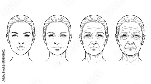 Illustration Depicting Aging Process from Youth to Old Age Face Skincare Concept