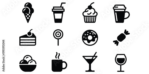 A set of simple line art illustrations of various sweet treats and beverages on a white background