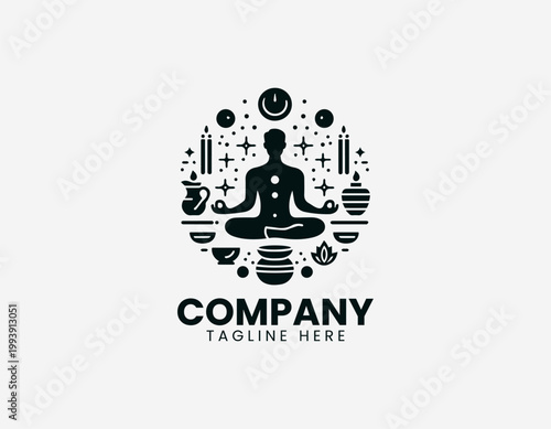 Spiritual man meditating with ritual elements in balanced black vector logo design