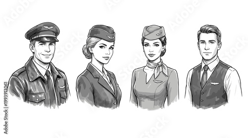 Professional Air Crew Members Illustration in Monochrome Sketch Style 