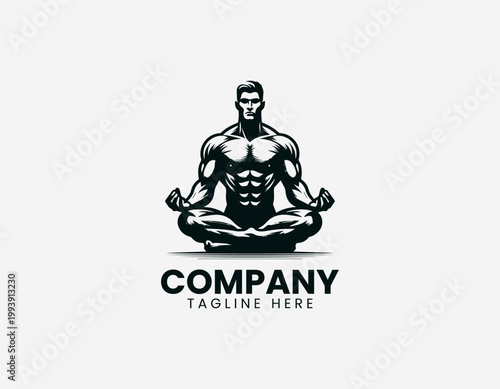 Strong male figure meditating in cross legged pose in clean modern black vector logo