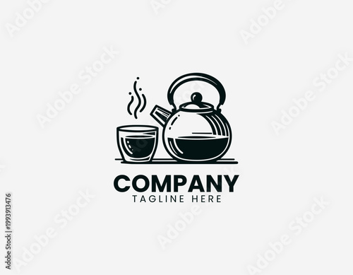 Kettle and tea glass line art minimalist black vector illustration logo