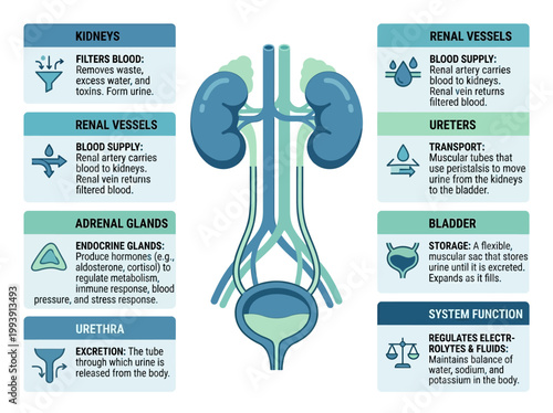 Educational Infographic Illustrating Human Urinary System Anatomy and Organ Functions like Kidneys, Bladder, and Ureters in a Flat 2D Vector Style
