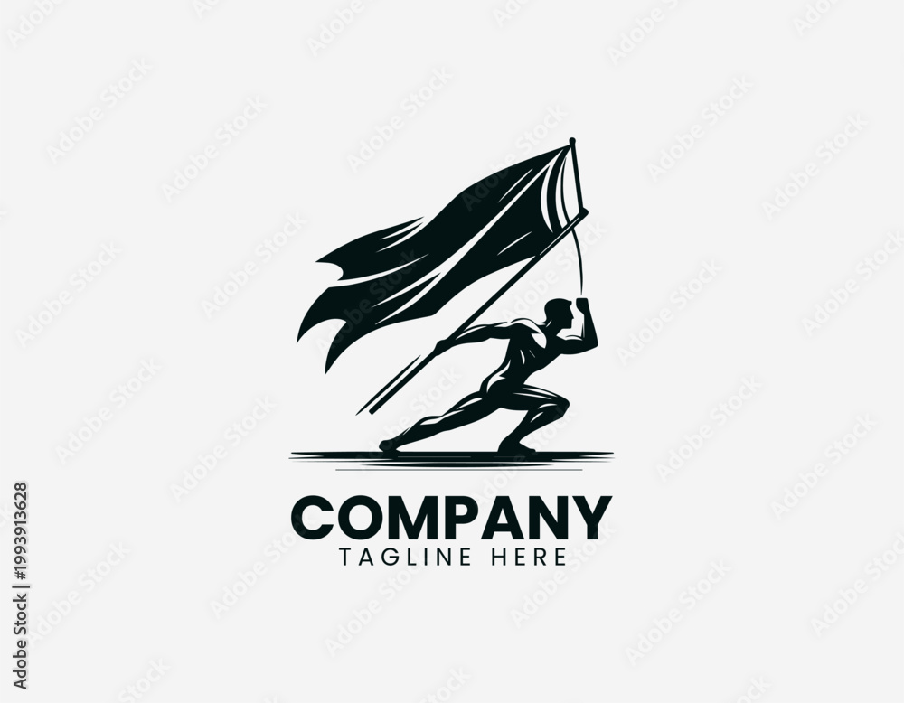 Fototapeta premium Worker raising flag silhouette bold minimalist black vector illustration logo