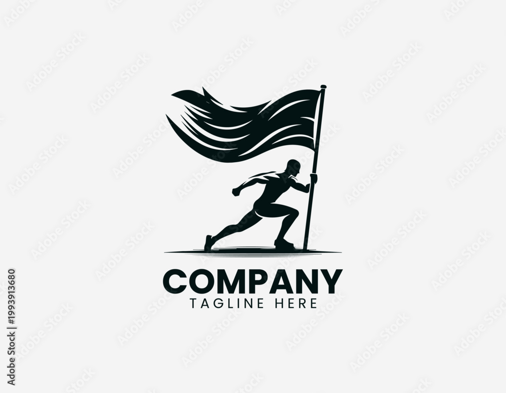 Fototapeta premium Worker raising flag silhouette bold minimalist black vector illustration logo