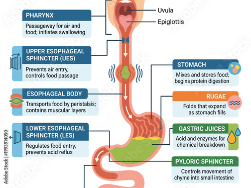 Detailed 2D vector infographic illustrating the anatomy and functions of the human esophagus and stomach within the digestive system