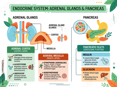 Detailed Infographic of Human Endocrine System: Adrenal Glands and Pancreas Anatomy, Hormone Functions, and Regulation