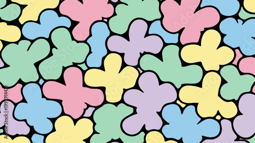 Seamless pattern of colorful abstract blob shapes with soft pastel hues.