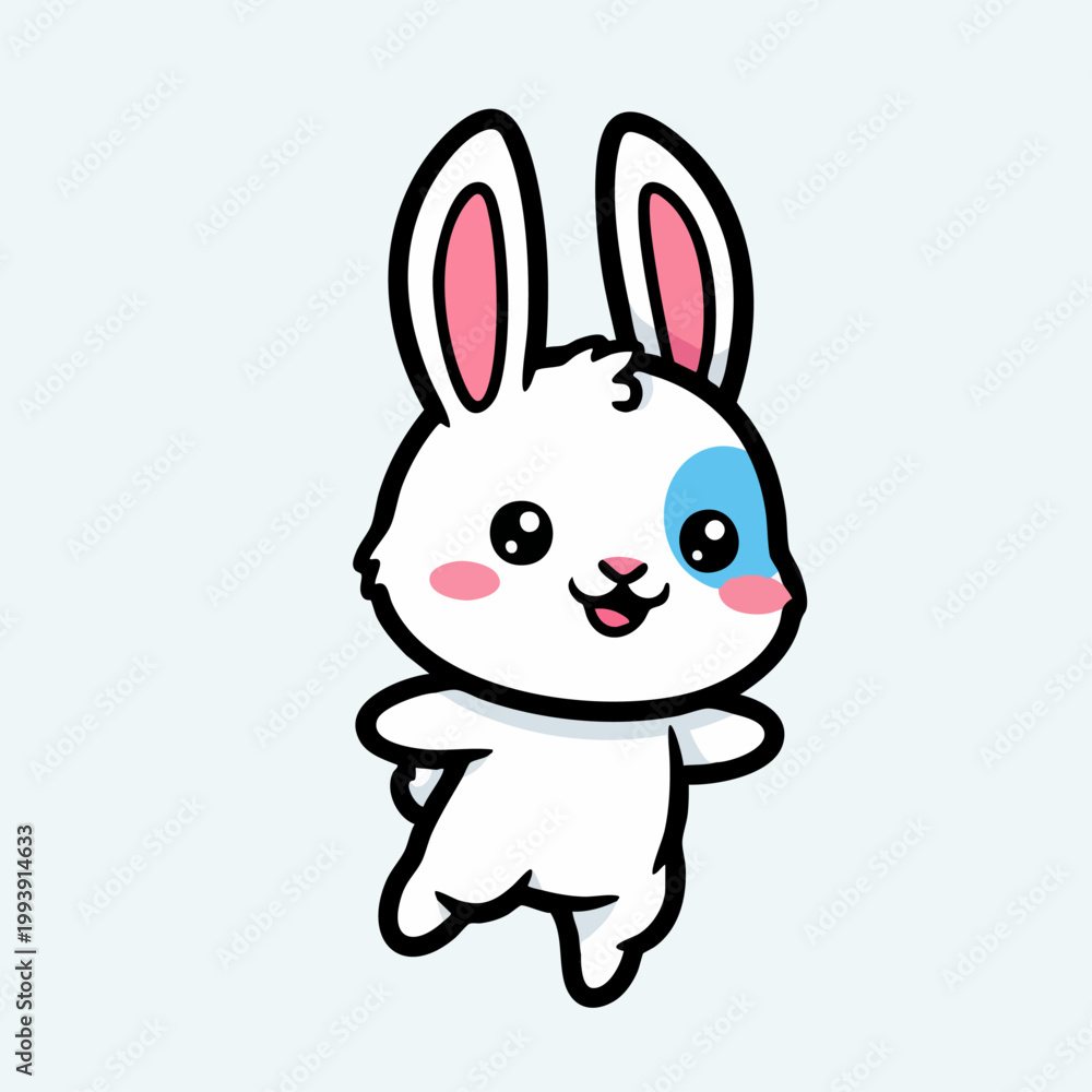 Obraz premium Cute cartoon bunny rabbit with blue eye patch and pink cheeks.