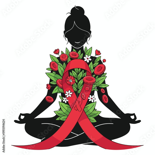Woman silhouette in yoga lotus pose with red awareness ribbon and floral elements.