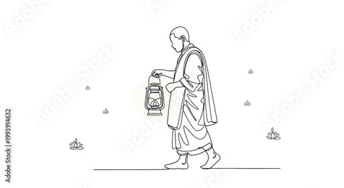 Man walking with lantern in darkness.