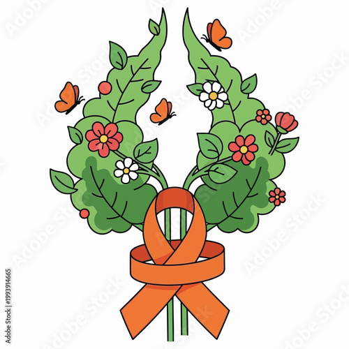 Floral wreath with orange awareness ribbon and flying butterflies for support concept.
