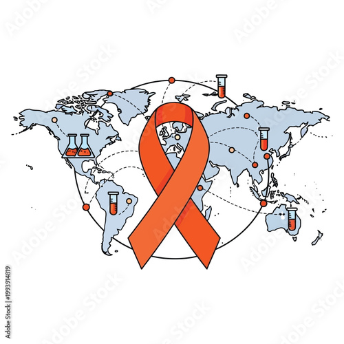 Orange awareness ribbon over world map with laboratory flasks and research connections global health.