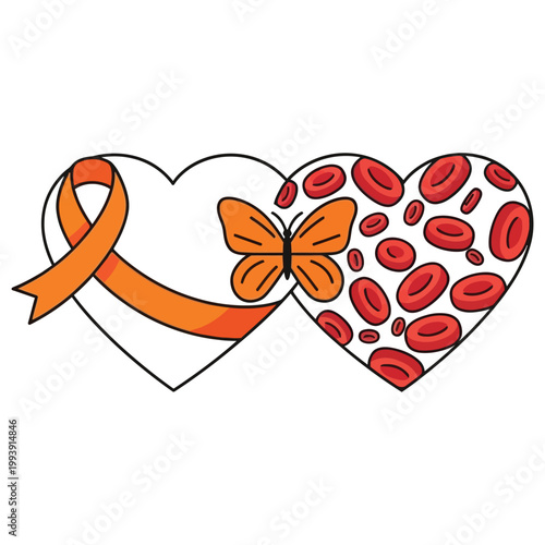 Orange awareness ribbon on heart with butterfly and blood cells symbolizing hematology awareness and research.