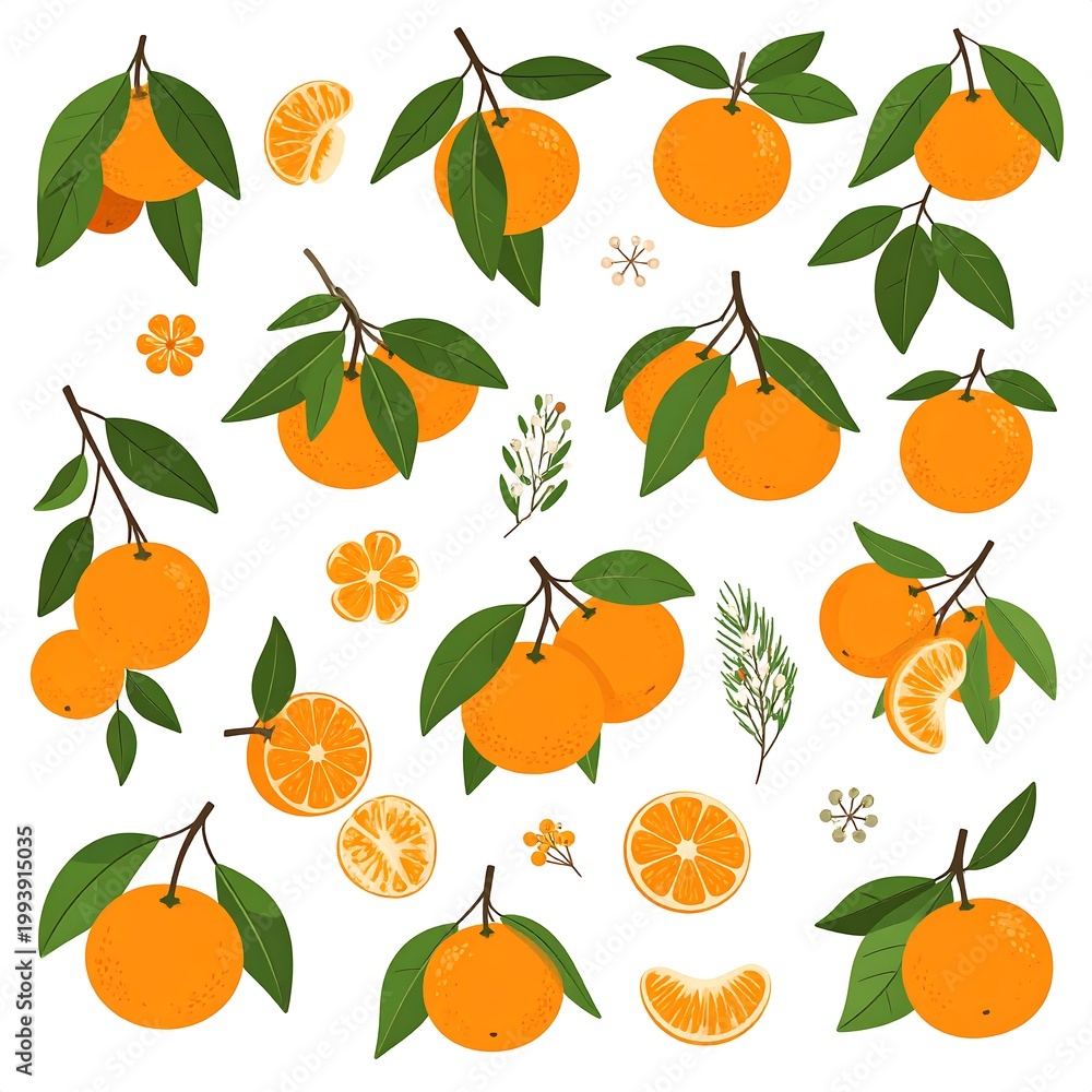 Obraz premium Hand drawn oranges and citrus slices pattern on white.