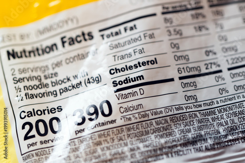 Nutrition facts label on a packaged instant noodle, highlighting high sodium content.