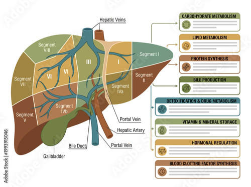 Clear 2D vector infographic of human liver anatomy, showcasing functional segments, vascular structures, and metabolic functions.