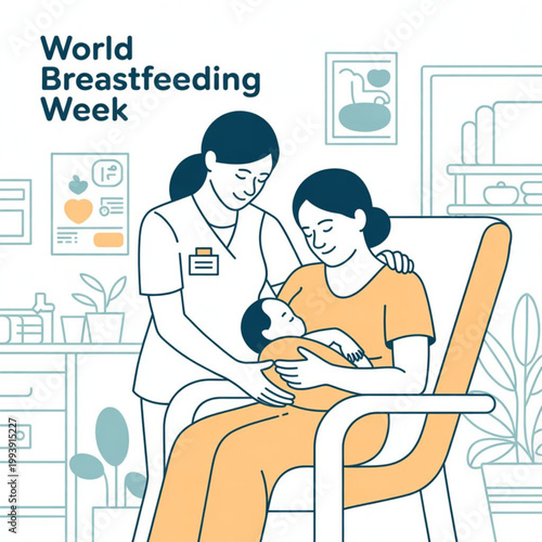 A vector graphic illustration of a nurse helping a mother breastfeed her baby during World Breastfeeding Week