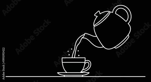 Minimalist white line art of tea pouring from teapot into cup on black background