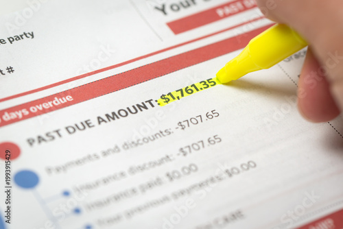 Принти на полотні A medical bill showing a past due amount highlighted with a yellow marker, emphasizing financial obligations, overdue payments, and personal finance management