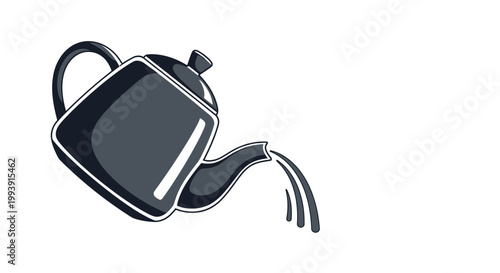 Pouring tea from a modern teapot, dark gray, isolated on white background, graphic illustration
