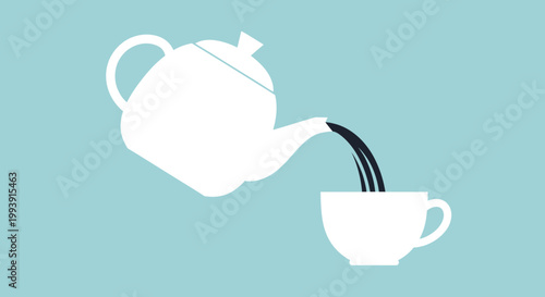 Pouring Tea from Teapot into Cup, Minimalist Illustration