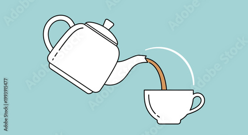 Pouring Tea from Teapot into Cup, Simple Flat Design, Refreshment Concept
