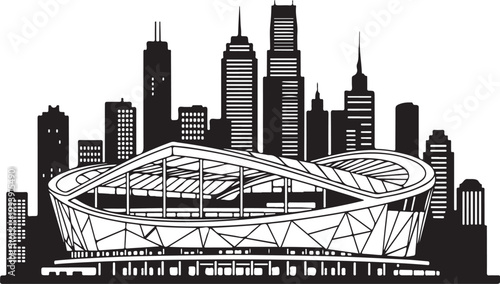 Modern city skyline with sports stadium silhouette vector illustration"