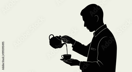 Silhouette of man pouring tea into a cup against a plain background