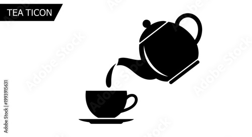 Tea icon: teapot pouring hot tea into a cup with saucer, simple black silhouette