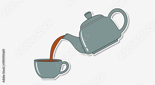 Tea pouring from teapot into cup, minimalist illustration, simple design, isolated on white