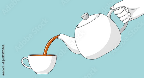 Hand pouring hot coffee from teapot into cup, minimalist illustration