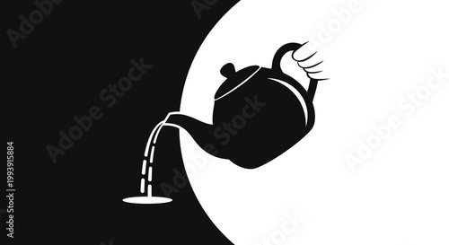 Hand pouring liquid from teapot on yin yang background, concept of balance