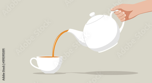 Hand pouring tea from white teapot into cup, flat design, isolated on grey background