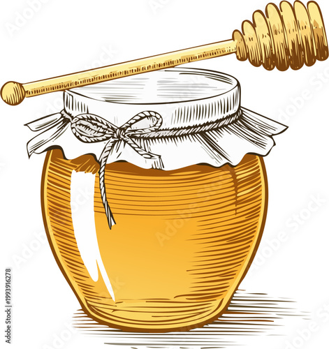 Hand drawn engraving style vector illustration of a honey jar with dipper