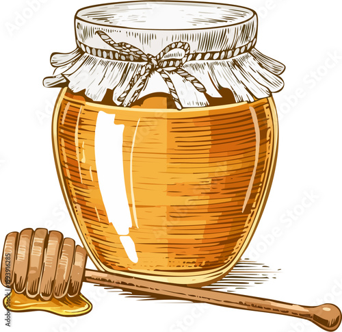 Hand drawn vector illustration of a honey jar with dipper
