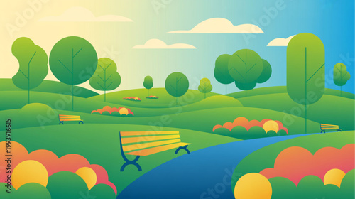 Vector park landscape, green nature scenery, serene outdoor environment, colorful illustration
