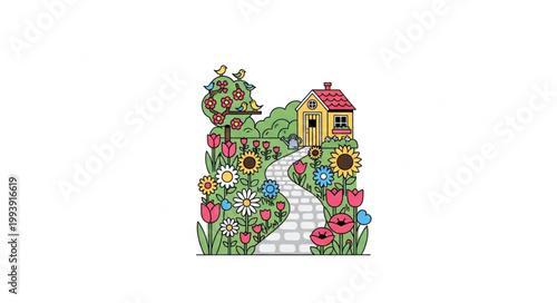 Charming Cottage Garden Path Surrounded by Vibrant Flowers and Greenery.