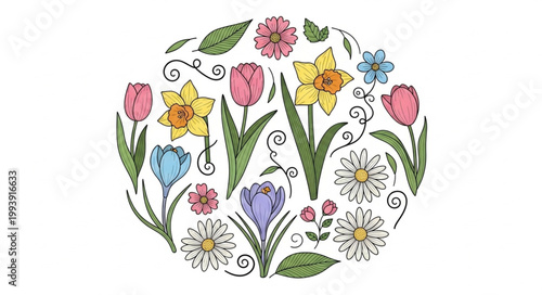 Circle of Spring Flowers and Leaves Illustration.