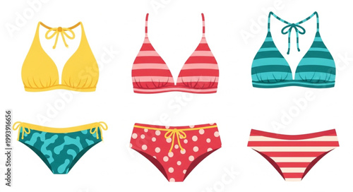 Collection of colorful bikinis and swimsuits for women.